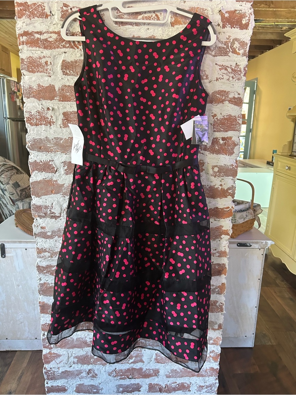 NWT TAYLOR Patterned & Striped Midi Dress with Pink Dots, Lined, w/Taffeta Under - Picture 2 of 16